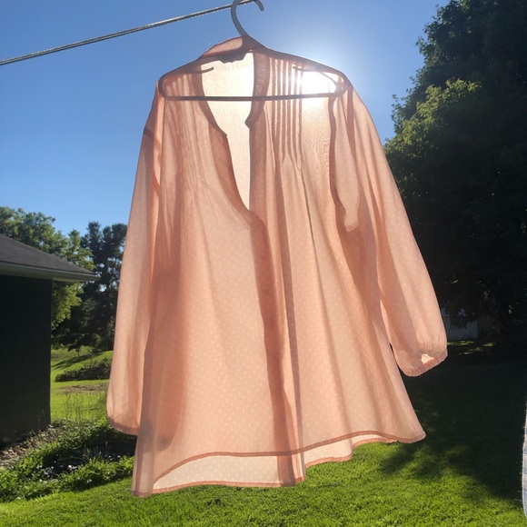 Pure by Alfred Sung pale pink & polka dots sheer popover blouse w pintuck - Picture 3 of 4